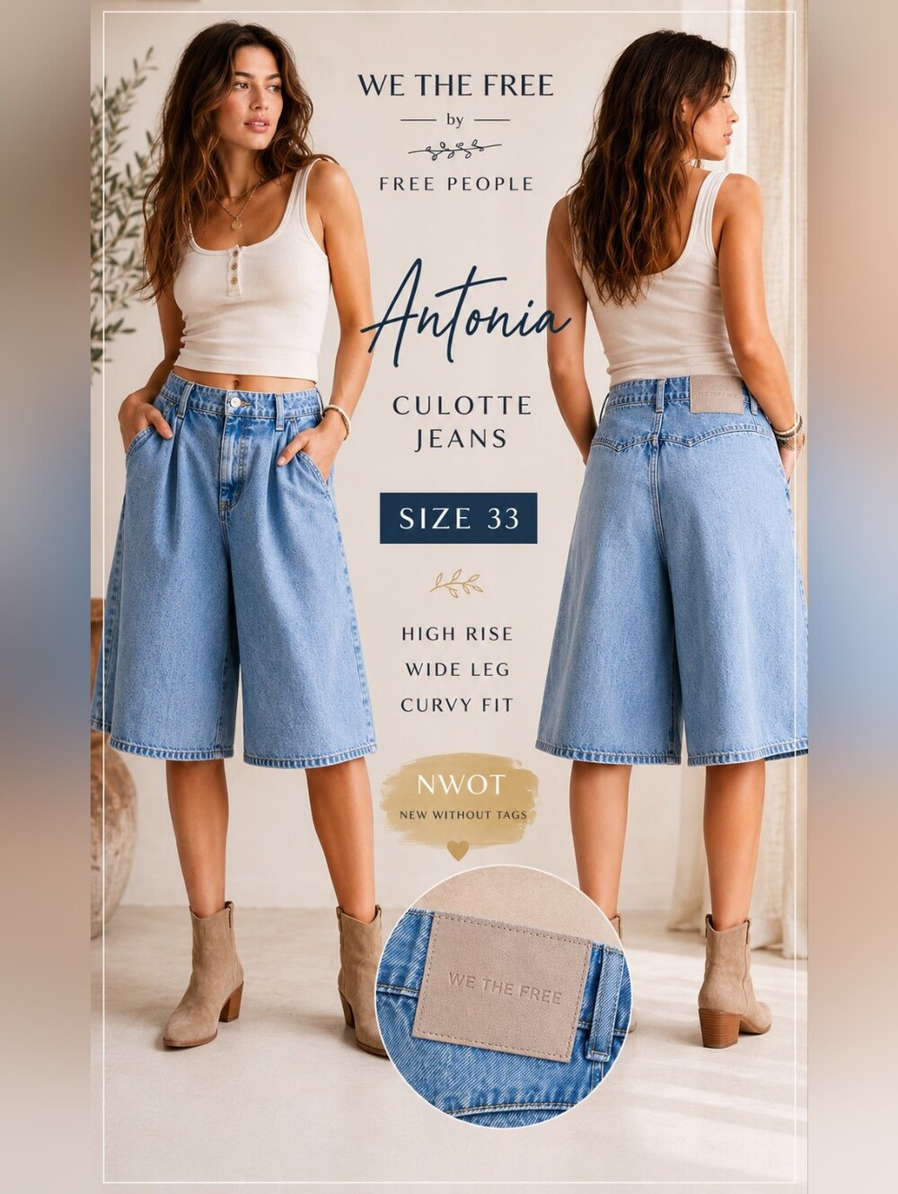 Free People We The Free CRVY Antonia Culotte Jeans 33 Shorts High Rise Wide Leg